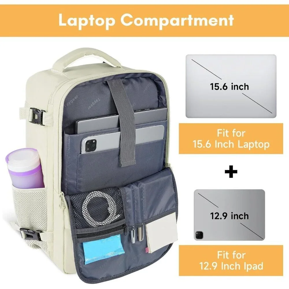 Travel Cream beige Backpack for Women Carry On Laptop Bag USB Port TSA Pouch